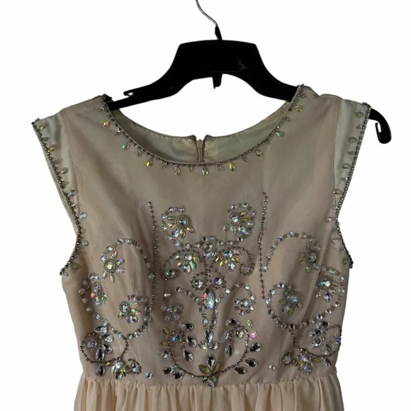 Azazie Junior Girl Champagne Beaded Chiffon Maxi Dress Formal Gown Sleeveless - Picture 3 of 9